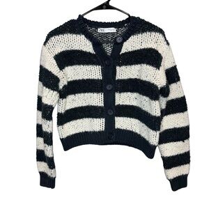 ZARA Striped Button-Up Cardigan Sweater Navy Blue & Cream Cotton Blend Sz S